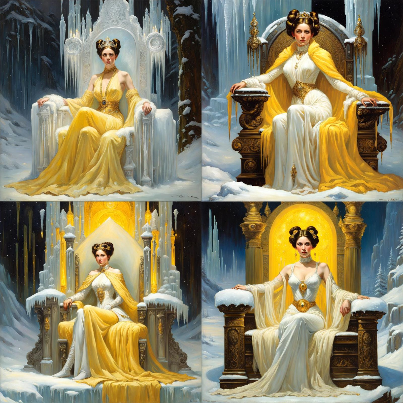 Victorian Princess Leia in Glowing Yellow Eyes Sits on Ice T...
