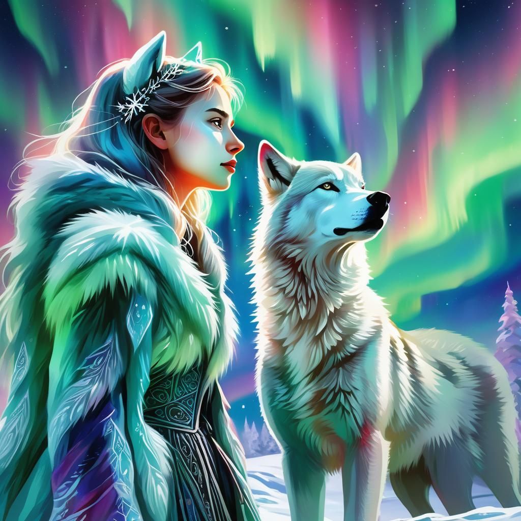 Northern Princess with White Wolf under Aurora Lights