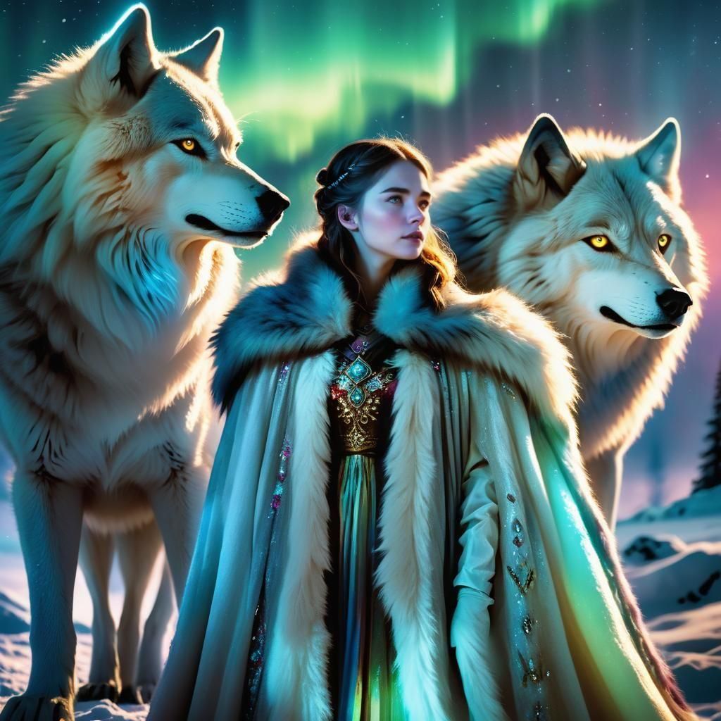 Northern Princess with Wolf Under Aurora Lights