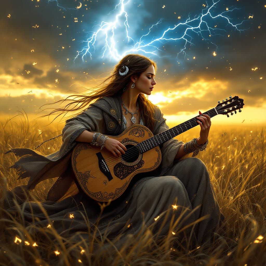 Bard Woman Playing Rune Guitar in Windswept Field at Sunset
