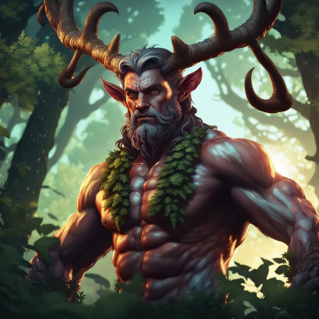 Satyr Portrait with Phallic Antlers, Hyperdetailed Digital A...