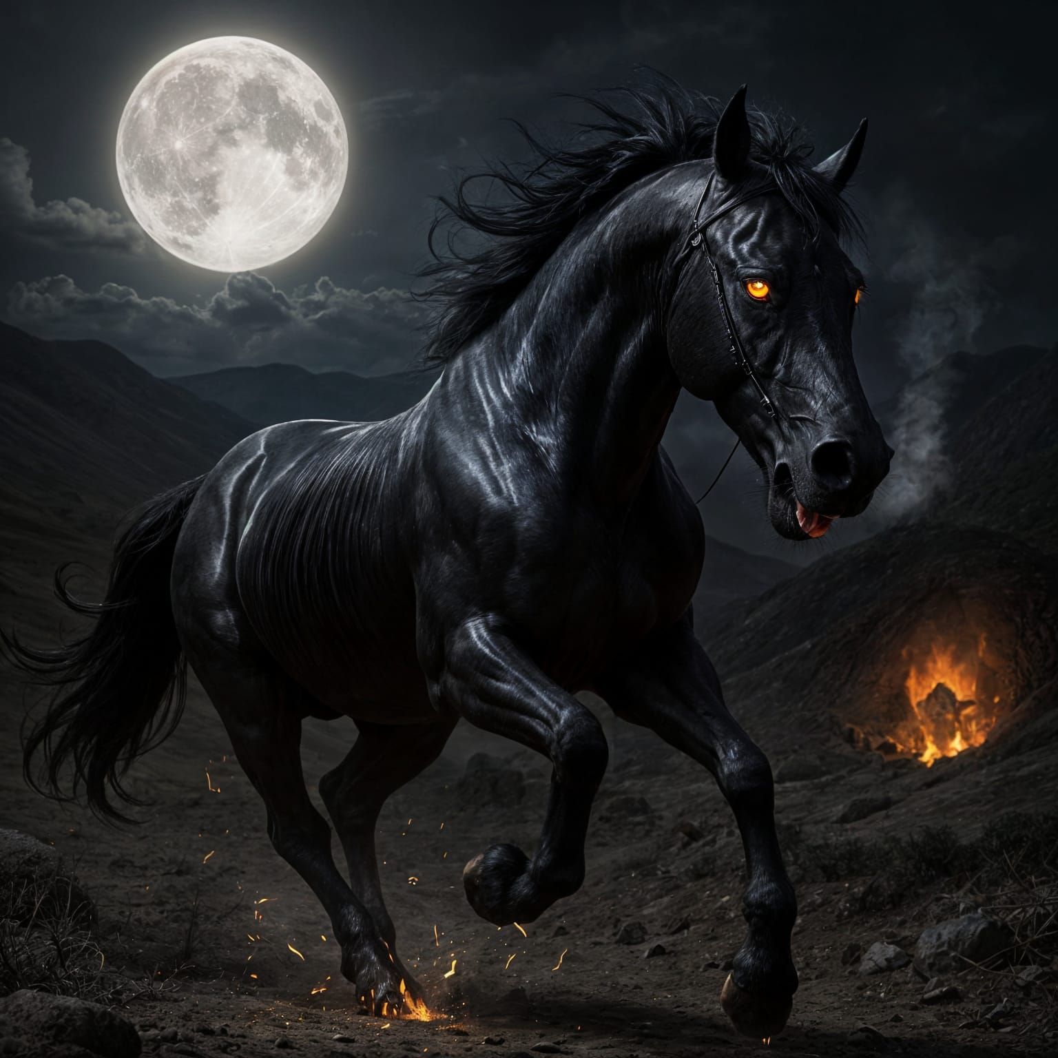 Satan's Horse Gallops Under the Moon in Hyperrealism