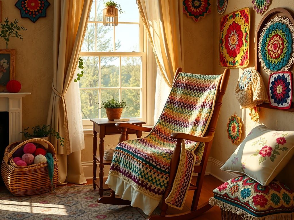 Cozy Crochet Living Room in Impressionist Style