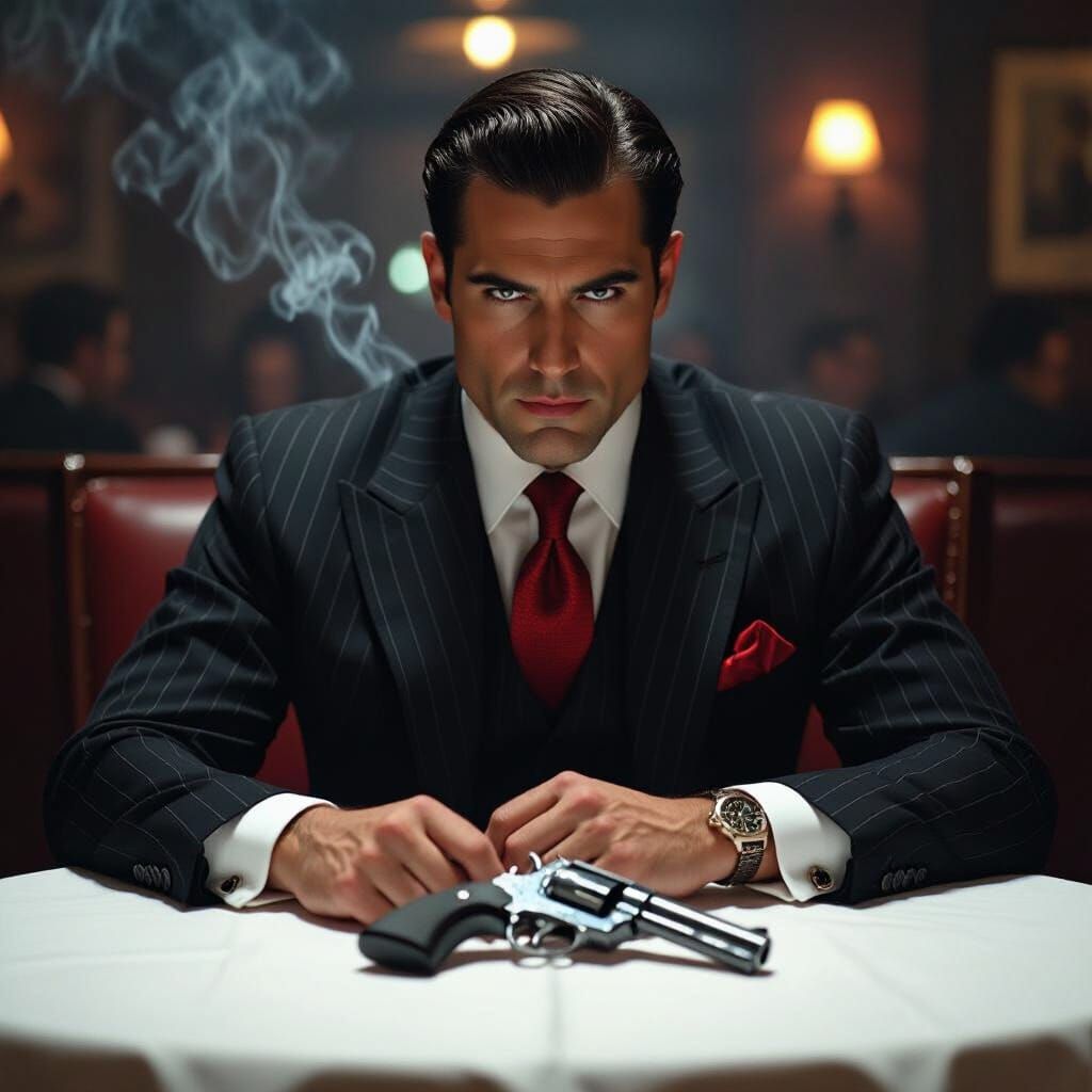 Mafia Boss Jason Lobo in Dimly Lit Restaurant