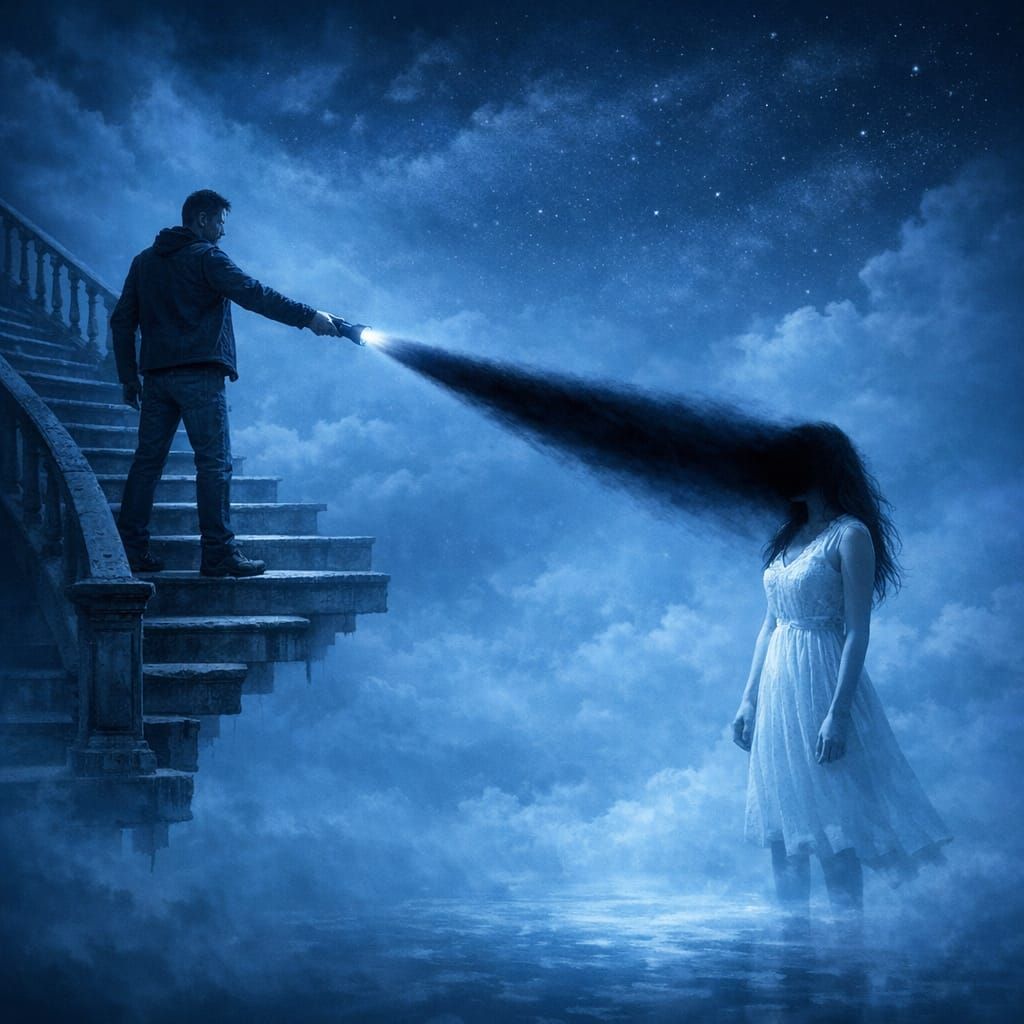 Man Shines Dark Beam at Woman in Blue Stairway