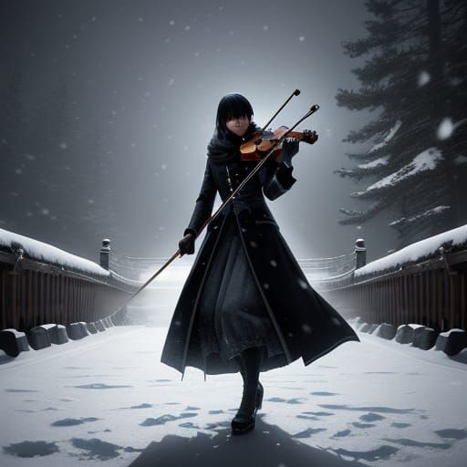Violinist on Snowy Bridge Under Ethereal Midnight Light