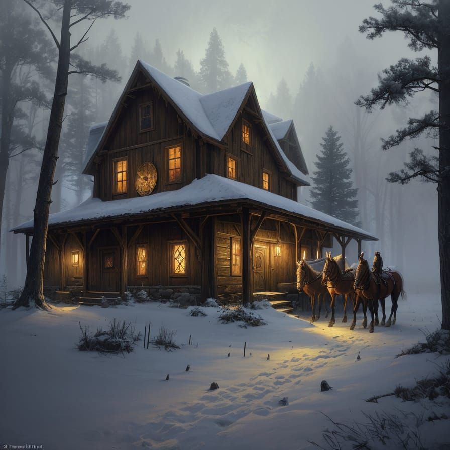 Enchanting Snowy Stable with Red Roan Mare, Fantasy Art