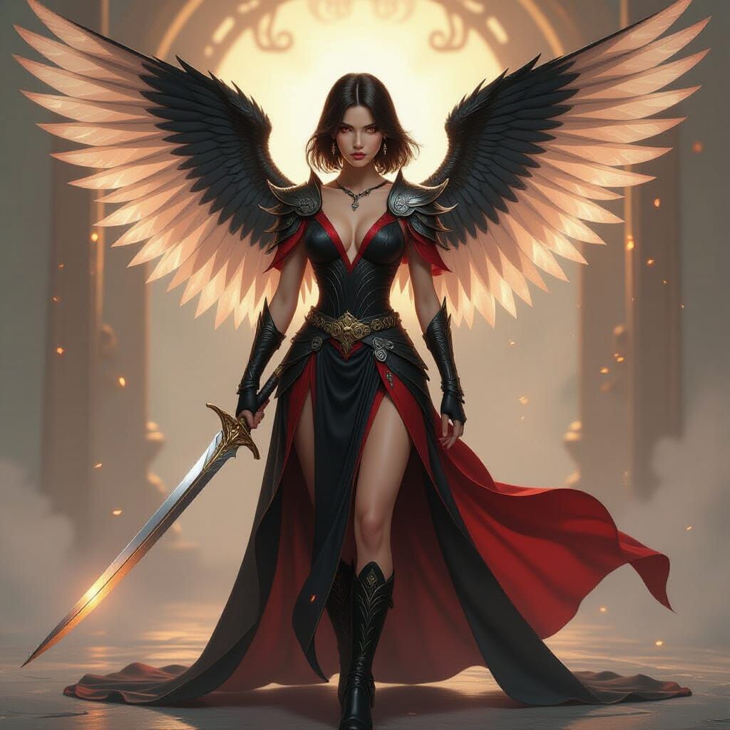 Thai Warrior Angel in Flowing Robes with Four Wings