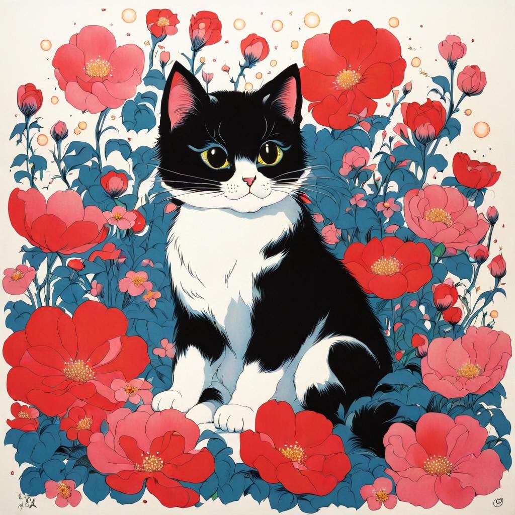 Cute Cat with Flowers in Manga Style