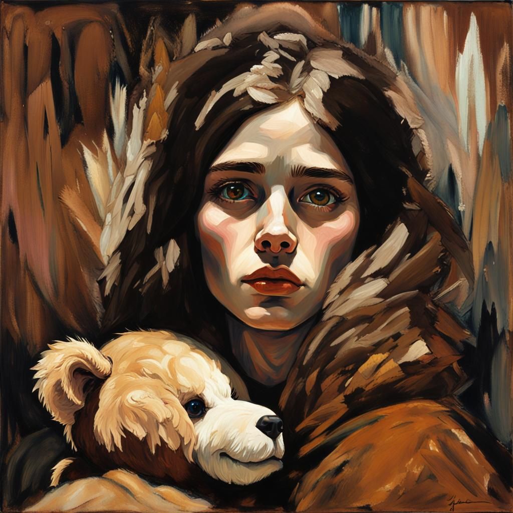 Girl with Teddy Bear in Abstract Portrait Style