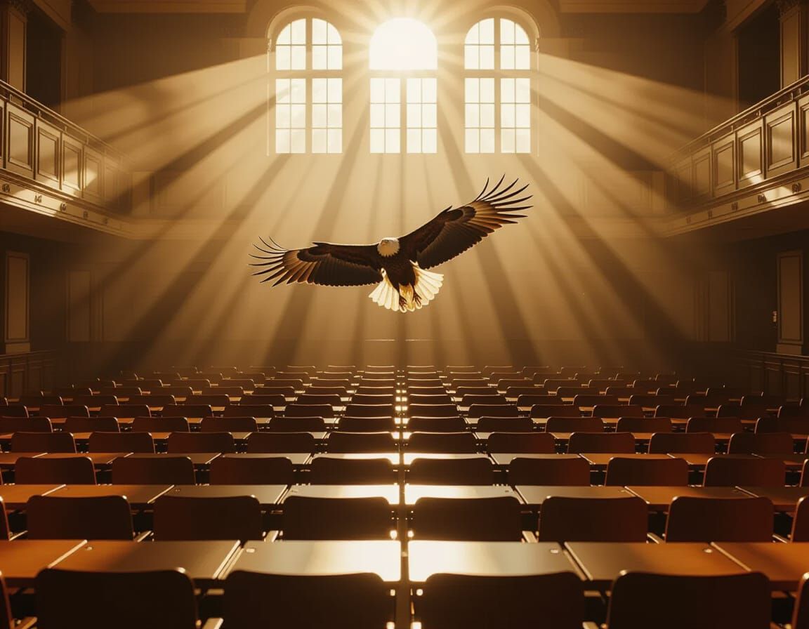 Empty Lecture Hall in Warm Light with Eagle's Shadow