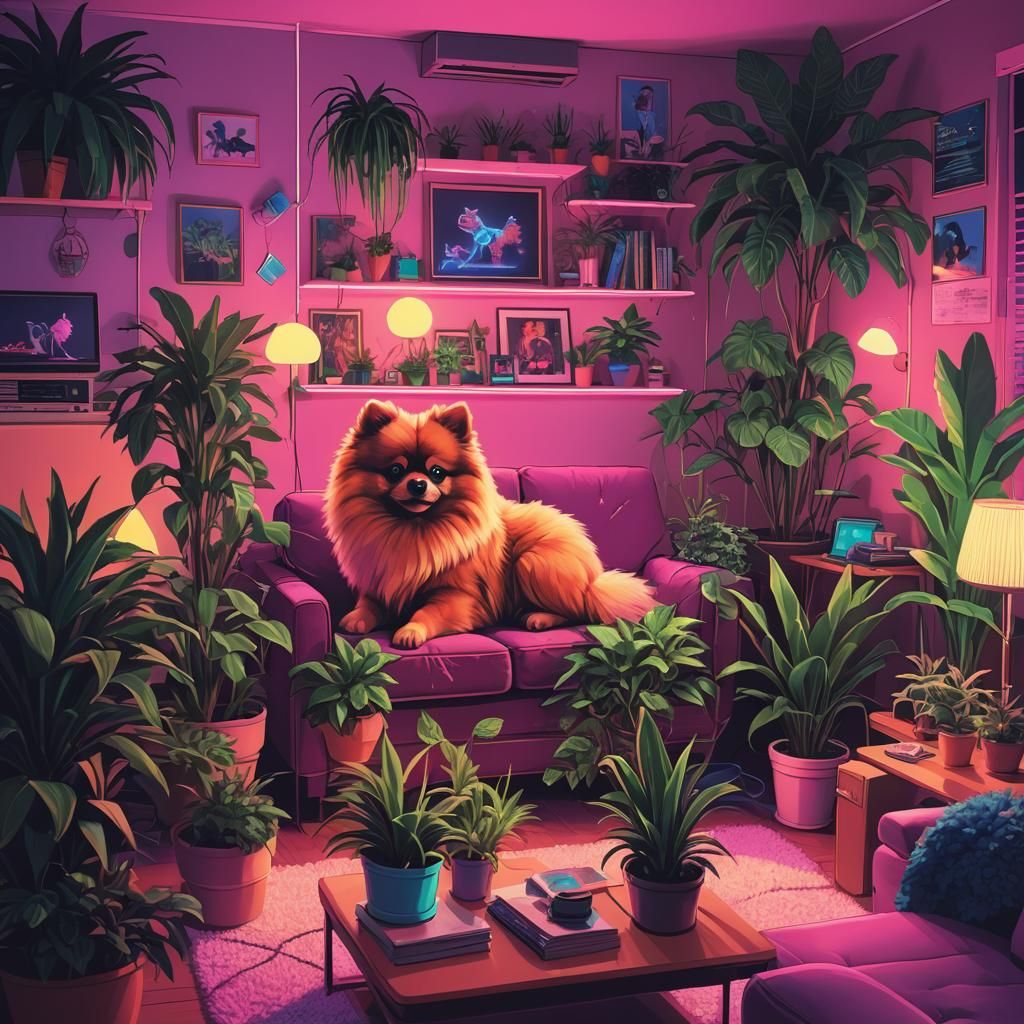 1990s Family Room with Pomeranian in Synthwave Style