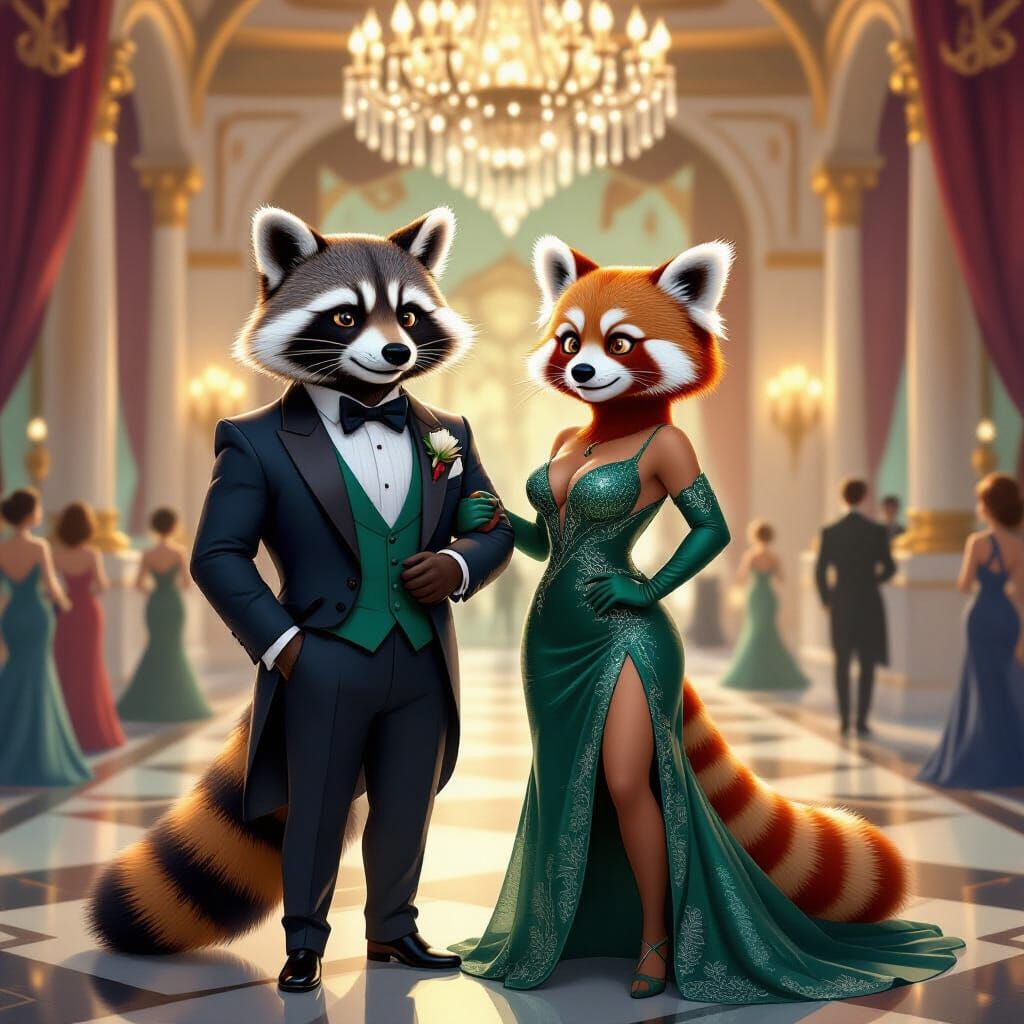 Elegant Masquerade Ball: Raccoon and Red Panda Couple