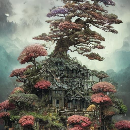 Clockpunk Bonsai Village in Crystal Jar