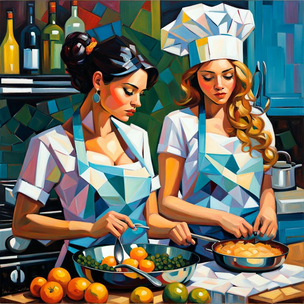 Cubist Sapphic Lovers Cooking Impasto Oil Painting