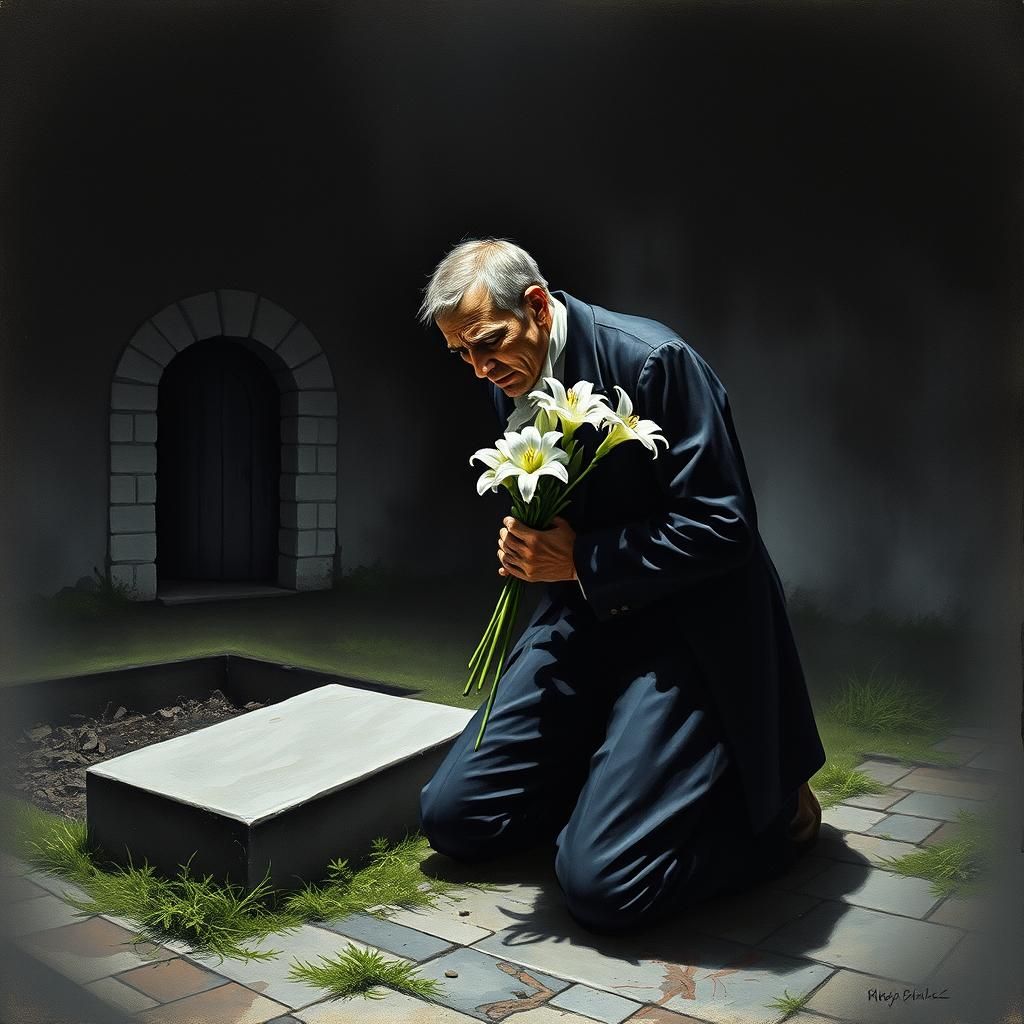 Penitent Man at Grave in Ominous Shadows