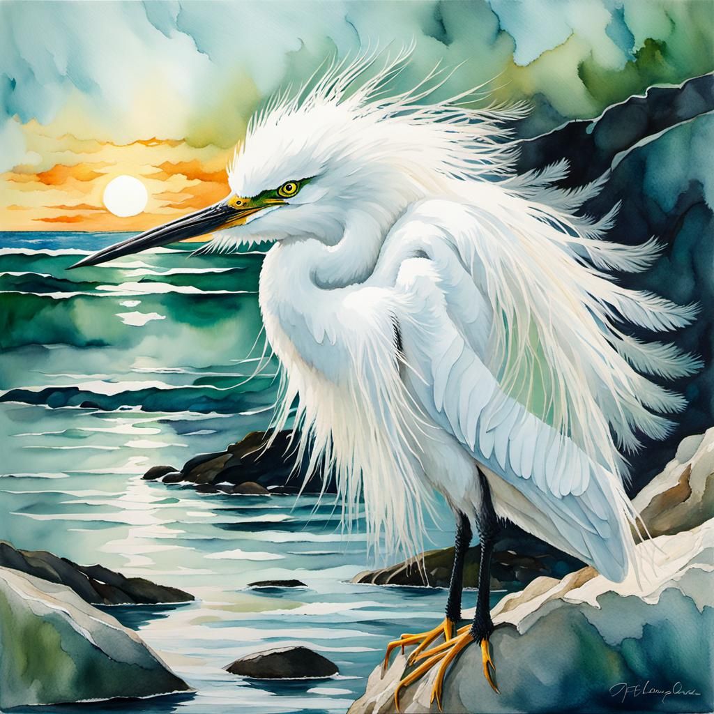 Egret Stares into Tidepool as Impasto Watercolor