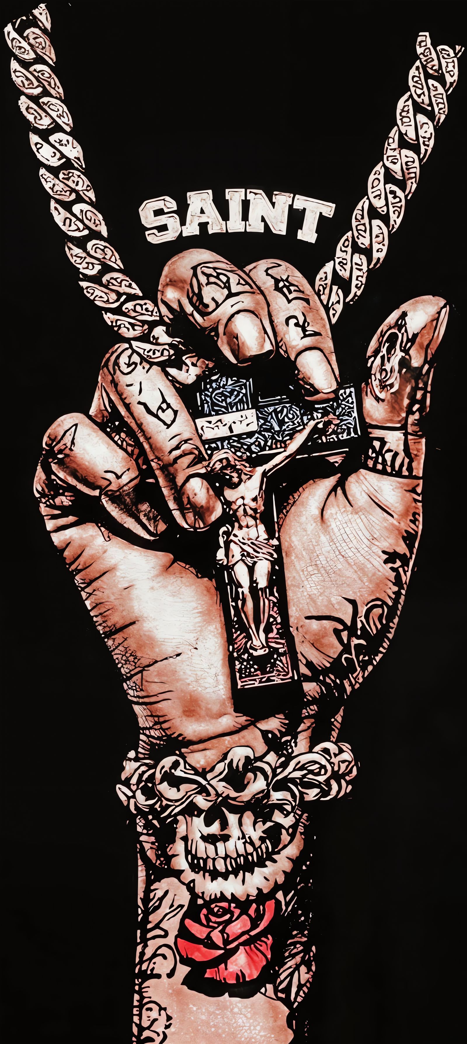 Muscular Hand Holds Detailed Crucifix Pendant with 'SAINT'