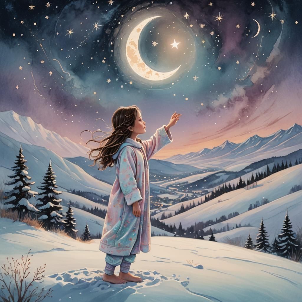 Girl Touches Moon in Starry Sky: Whimsical Concept Art