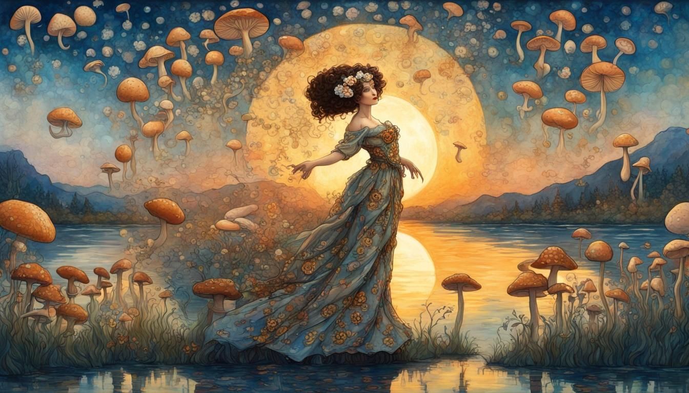 Woman Dancing in Lake: Klimt and Van Gogh Style