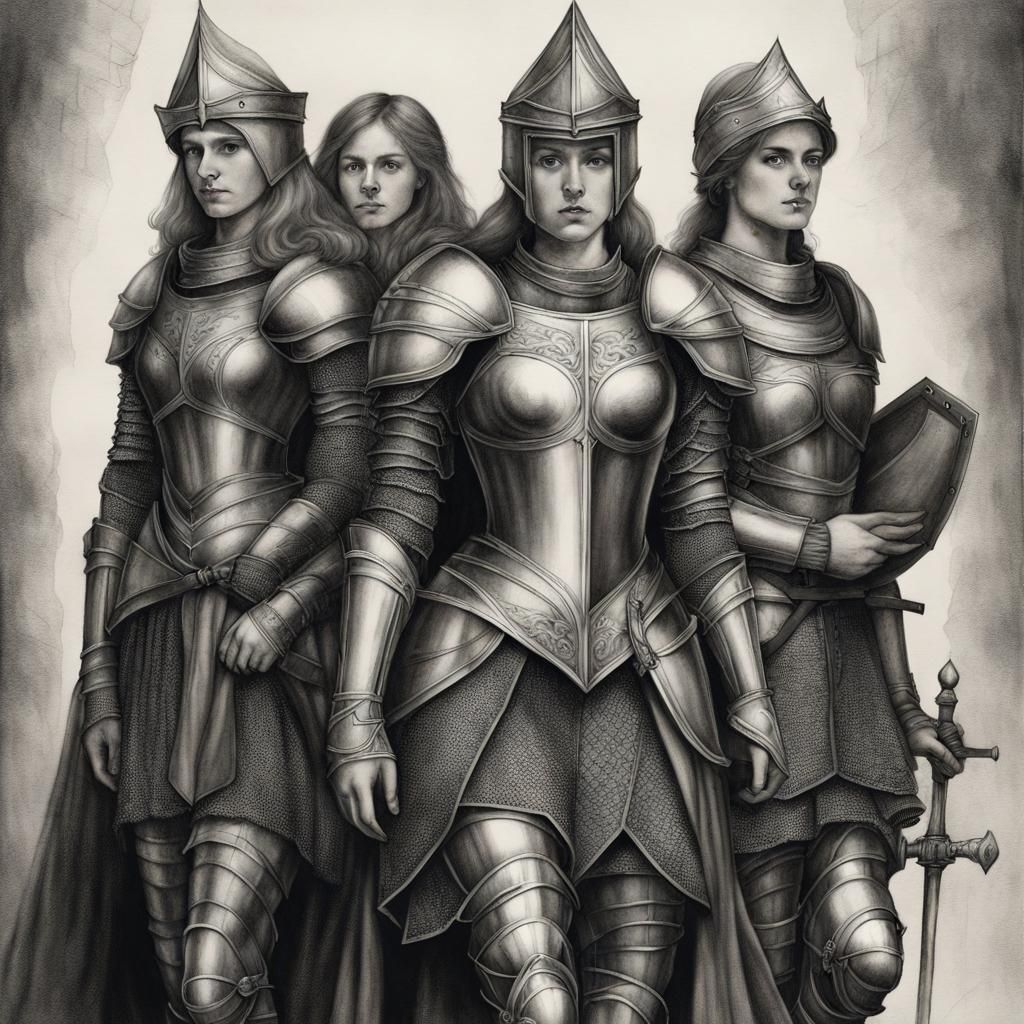 Medieval Woman in Knight's Armor: Charcoal Drawing