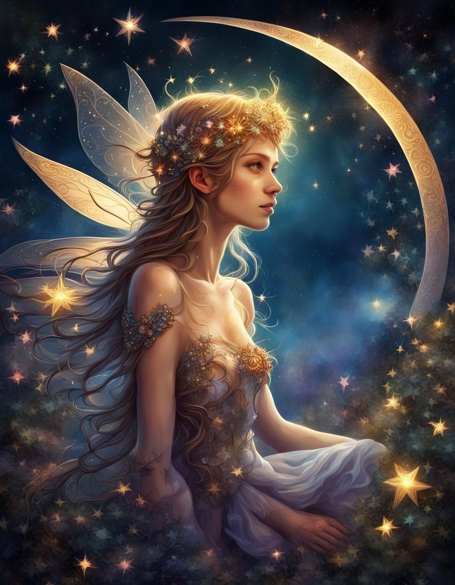 Fairy Under Jeweled Stars in a Fantasy Illustration