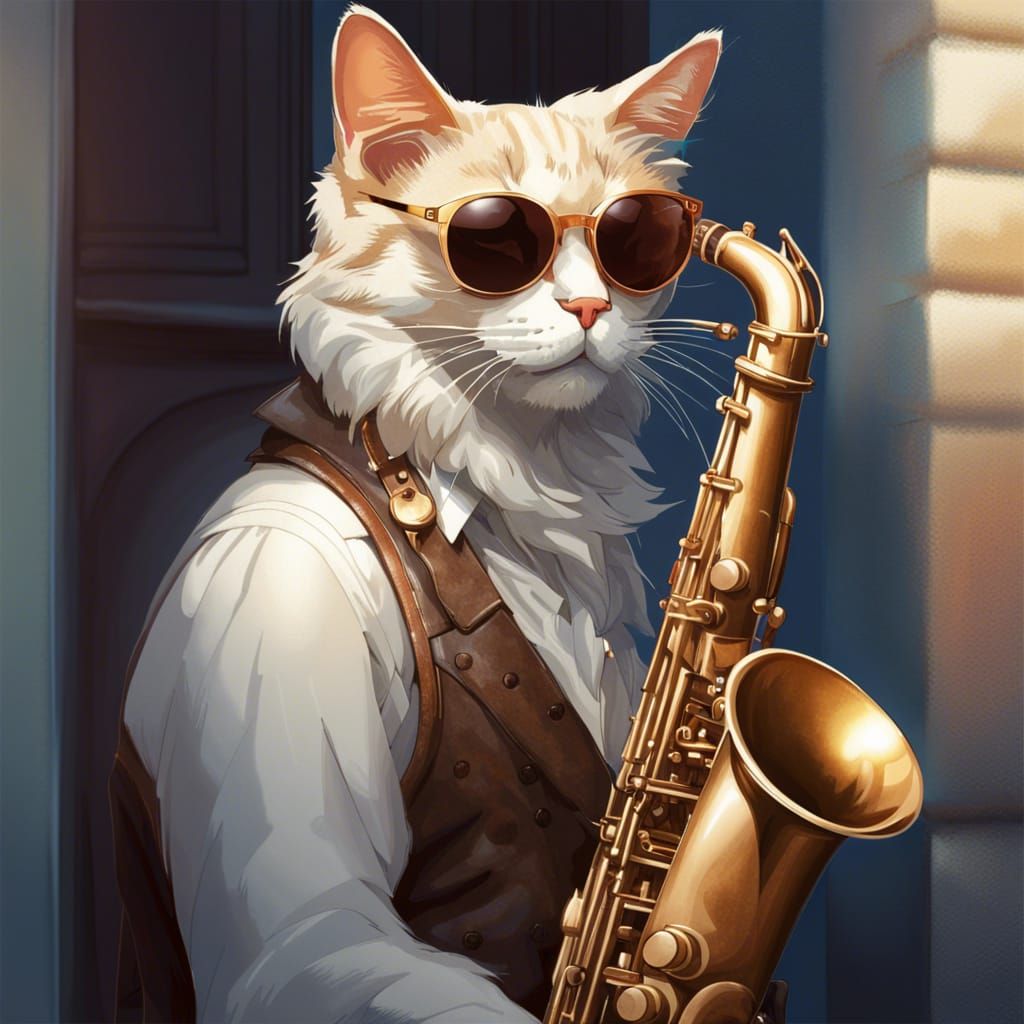 Saxophone Cat Portrait in Hyperdetailed Style