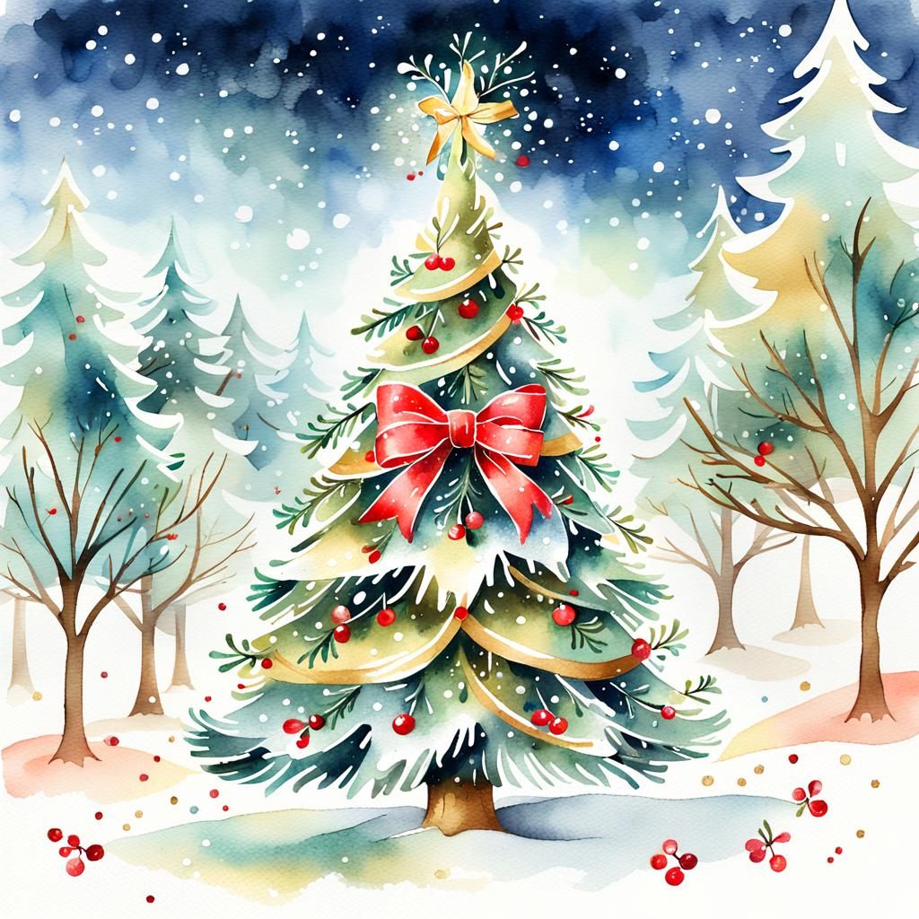 Festive Christmas Tree in Watercolor Illustration