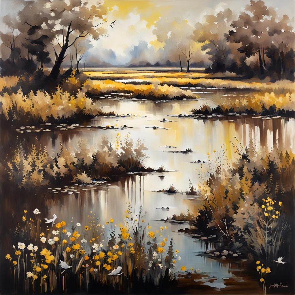 Sunlit Swamp: Modern Acrylic Art with Occult Elements