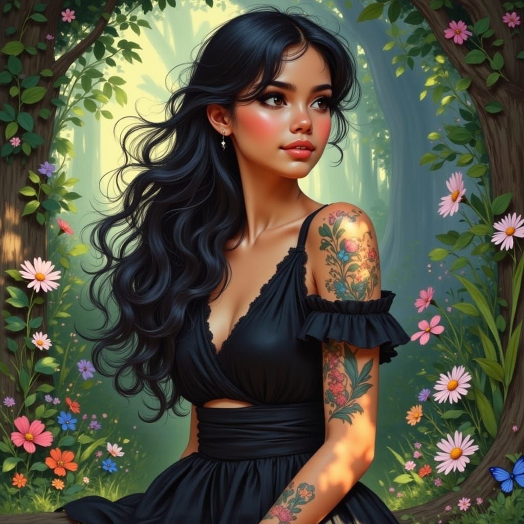 Filipino Goth Girl in Whimsical Forest, Disney Style