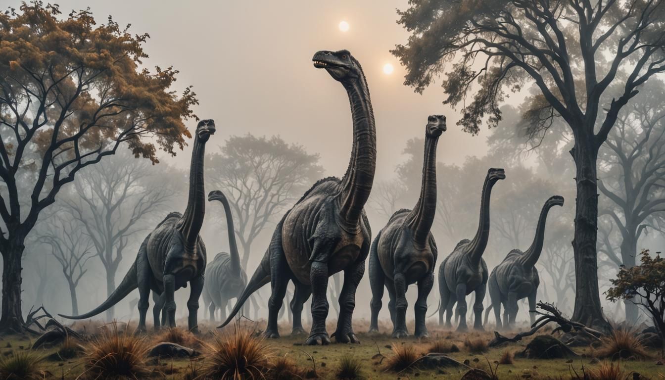 Brachiosaur Herd in Morning Fog: Hyperrealistic Scene