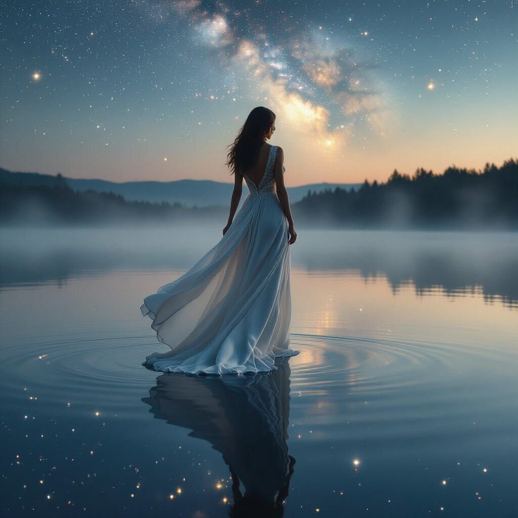 Ethereal Woman Reflected on Starry Lake