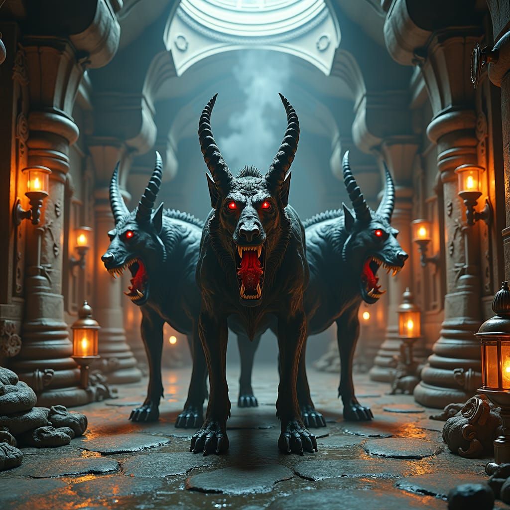 Steampunk Cerberus in Ornate Stone Chamber