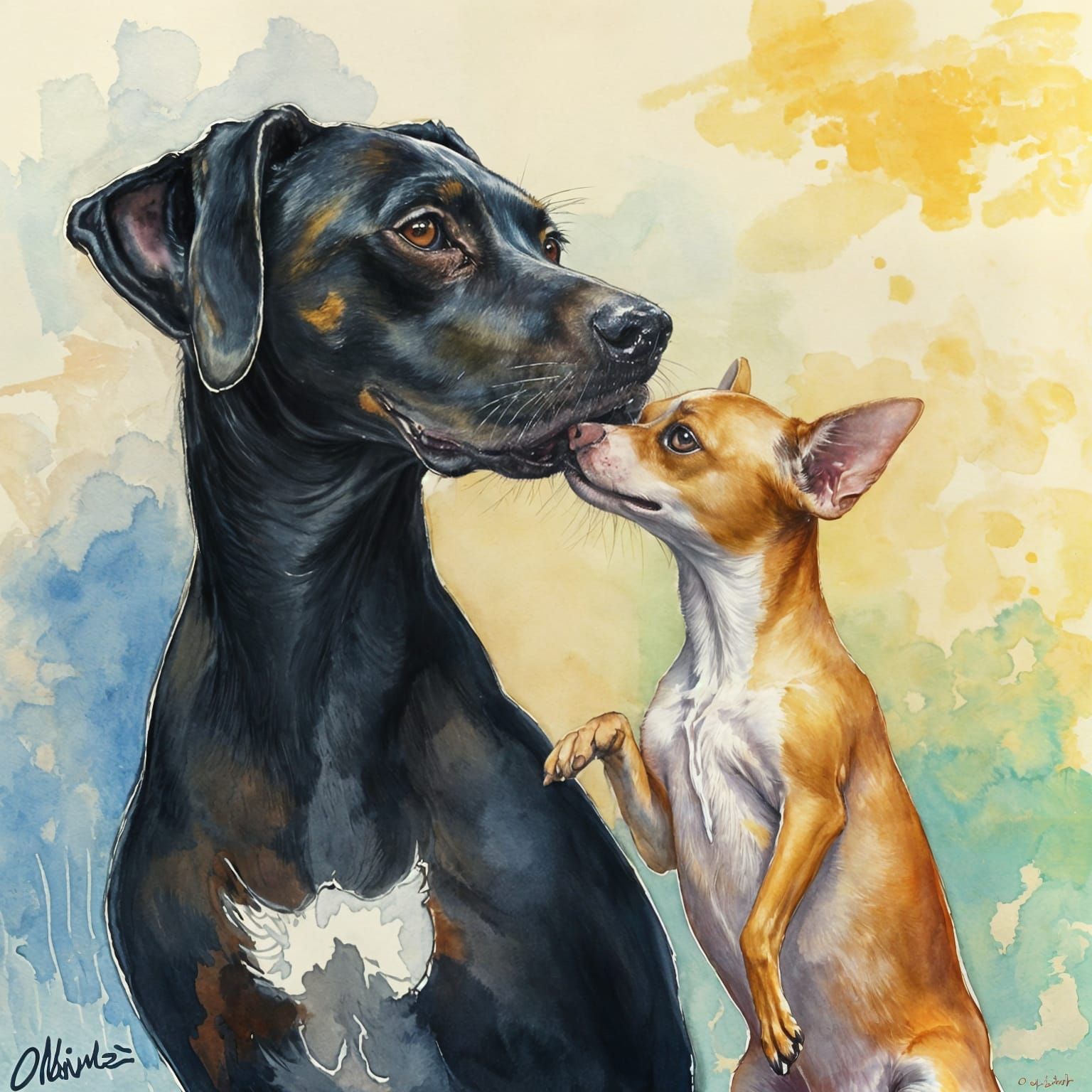 Great Dane and Chihuahua Nose-to-Nose, Watercolor Style