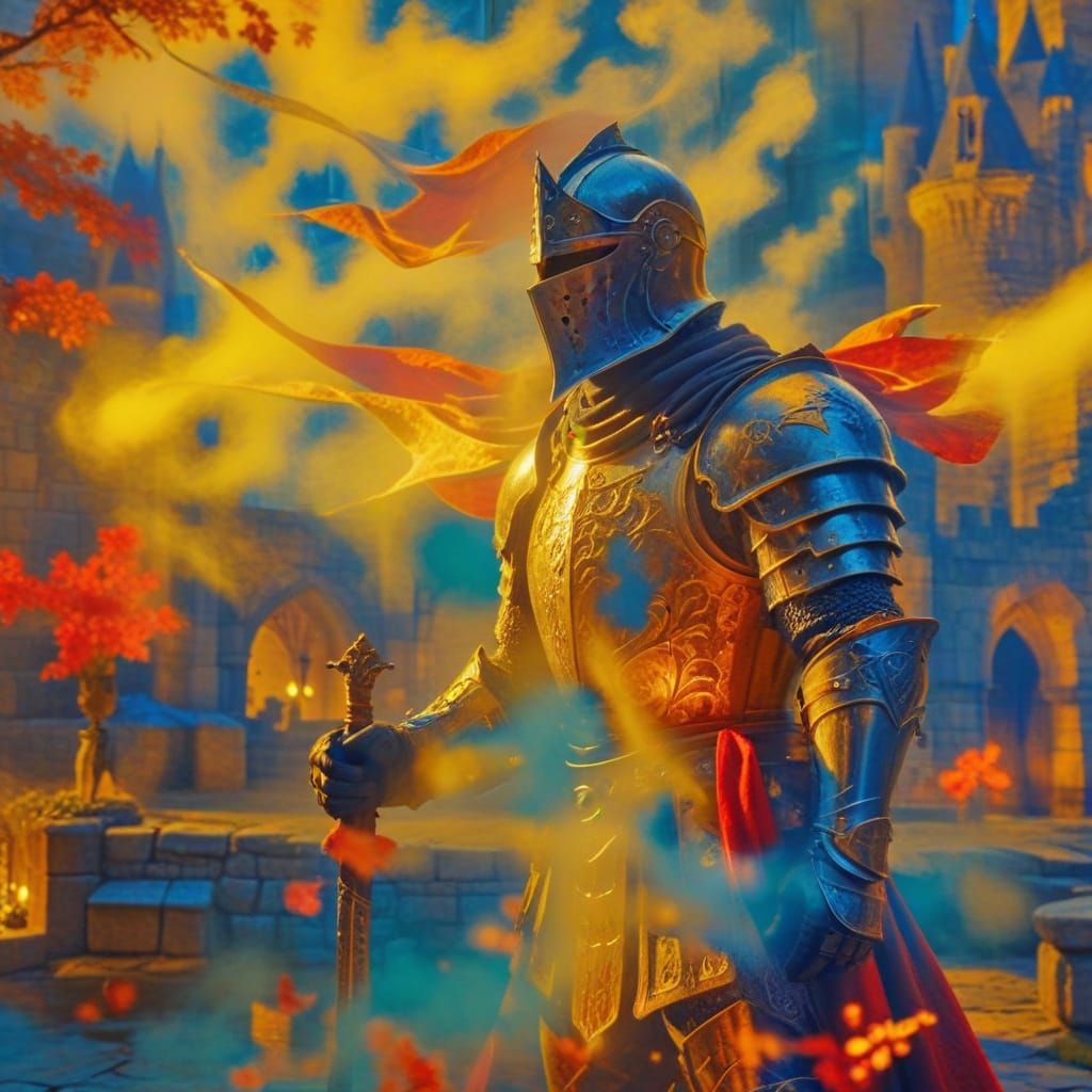 Medieval Knight in Moonlit Castle Courtyard, in Gothic Style