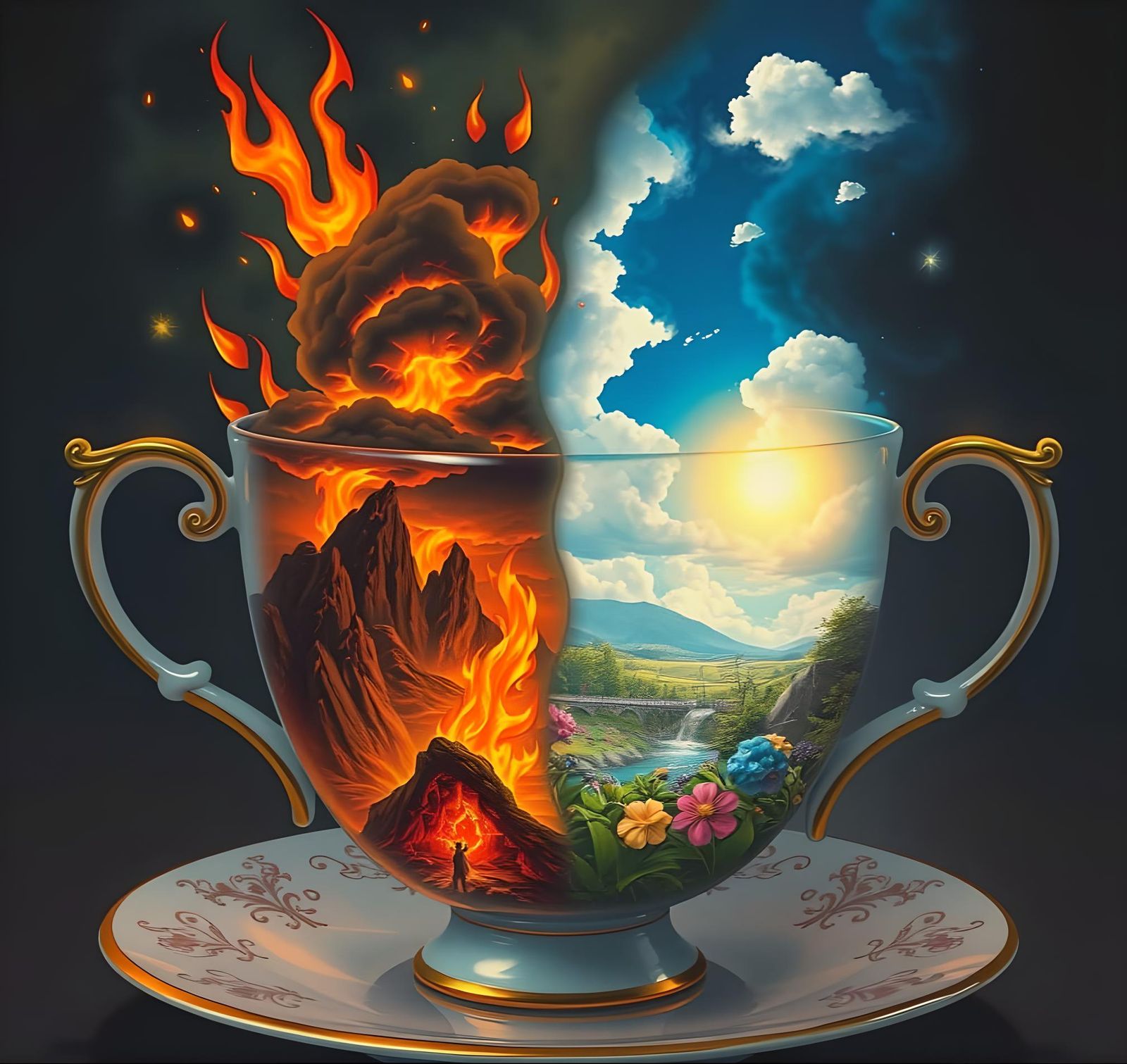 Fiery Paradise in a Teacup: Surreal Digital Art