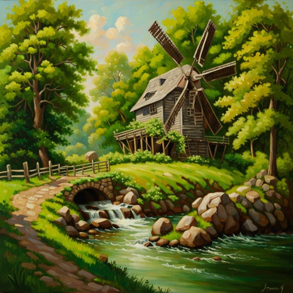 Windmill Watermill in Sunny Wood: Oil Painting
