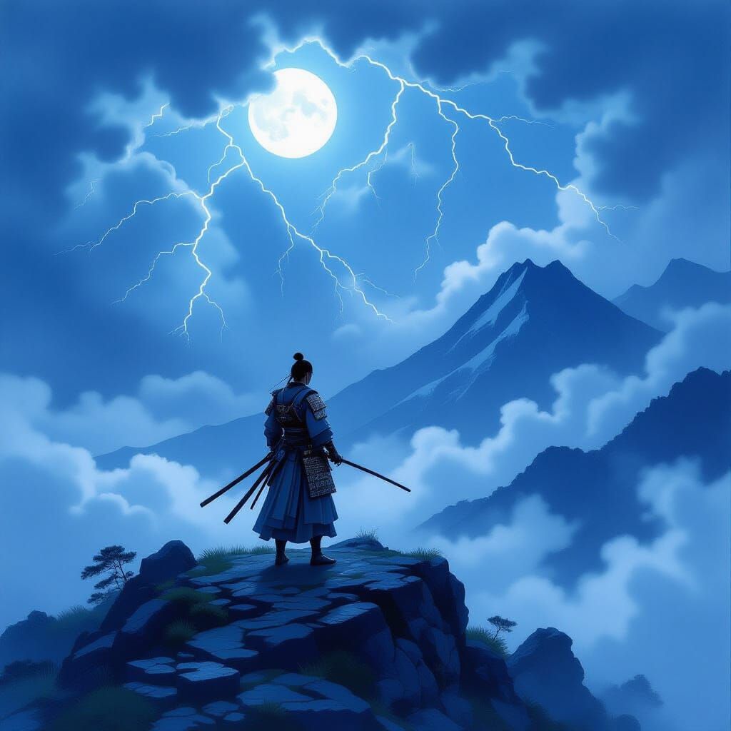 Samurai on Windswept Peak in Klimt-Inspired Style