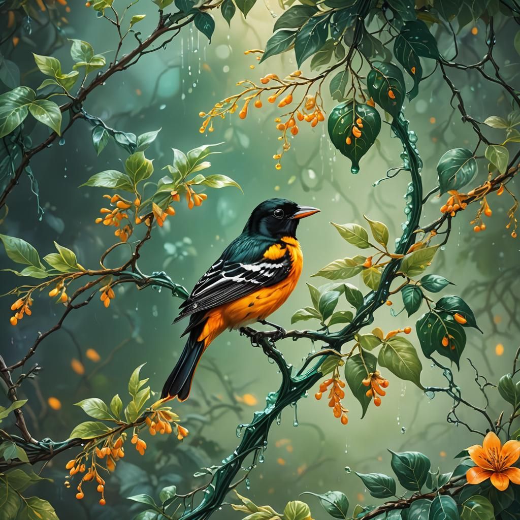 Baltimore Oriole on Emerald Vine: Art Nouveau Oil Painting