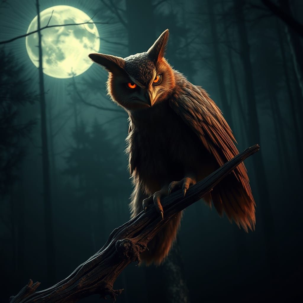 Terrifying Owl-Fox Hybrid in Moonlit Forest