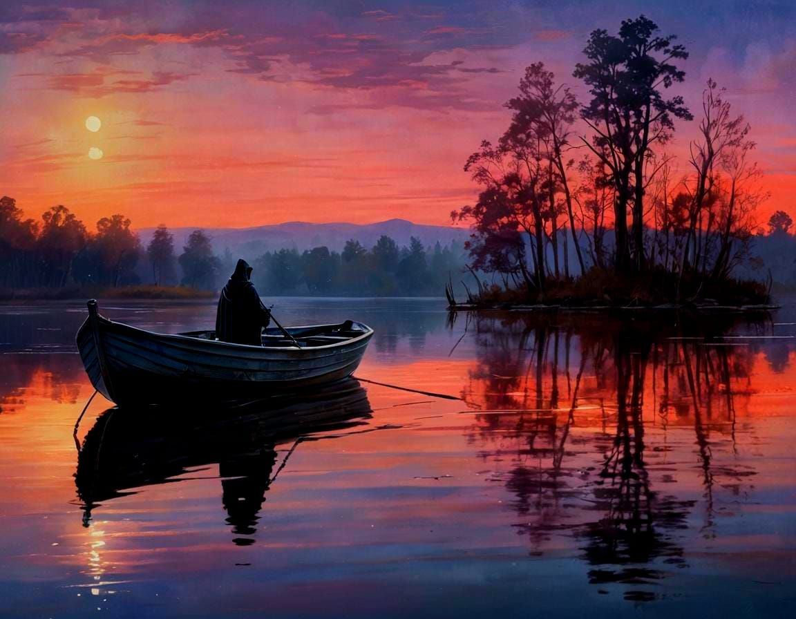 Grim Reaper Gliding on Still Lake in Pastel