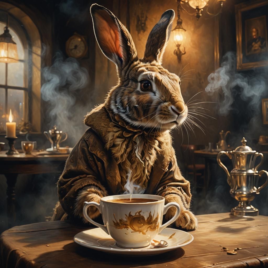 Surreal Dressed Rabbit Drinking Coffee, Oil Painting