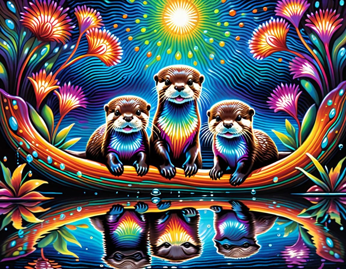 Vivid Otters in Aboriginal Australian Dot Art