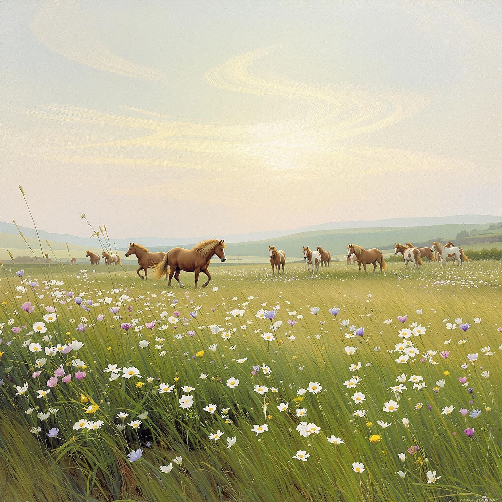 Idyllic Windswept Moor with Wildflowers and Free-Roaming Pon...