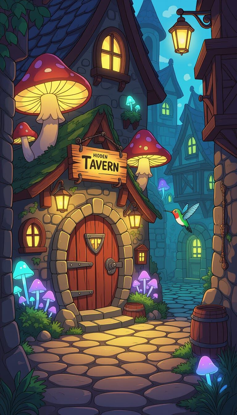 Whimsical Cartoon Tavern Entrance in Fantastical Alley