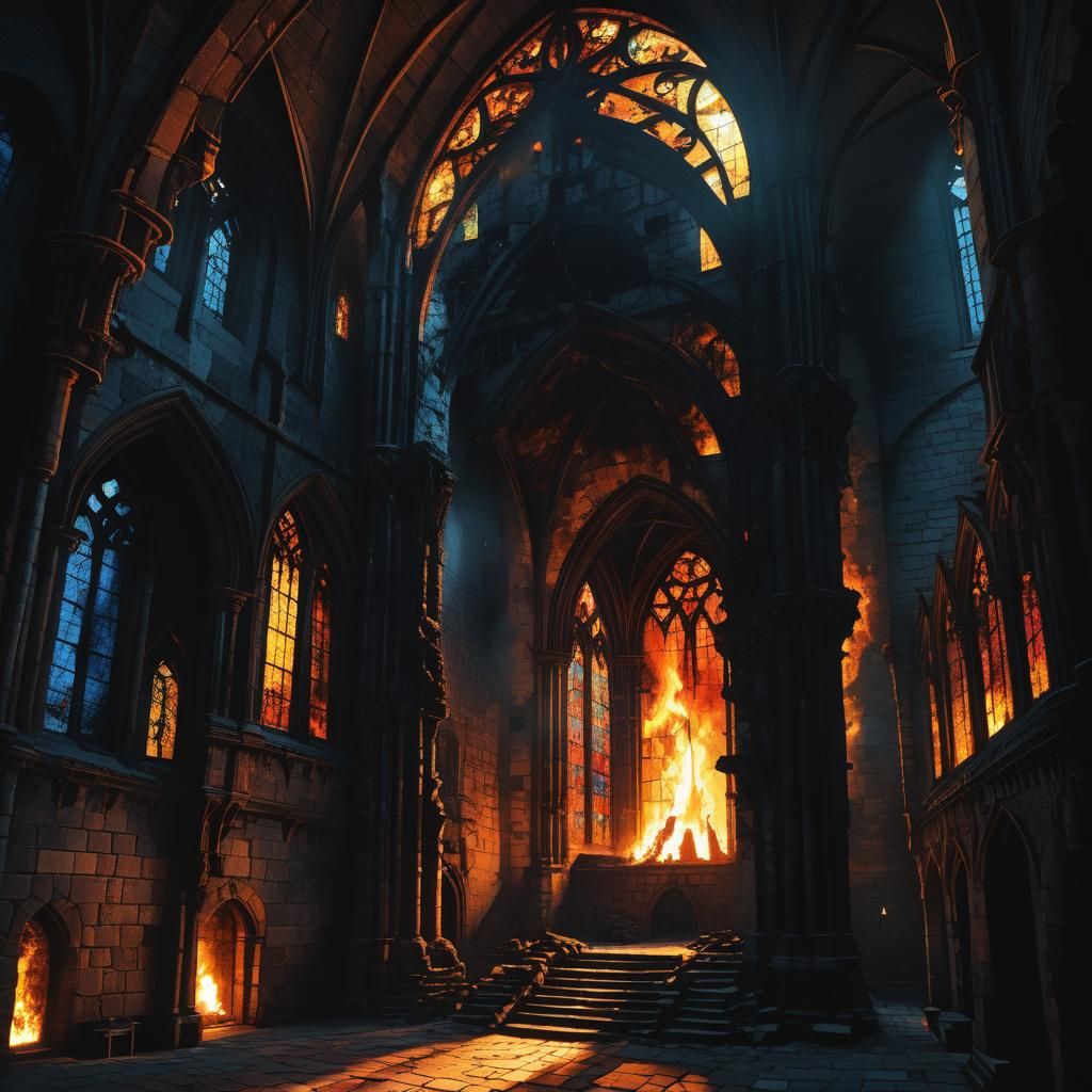 Fiery Silhouette Erupts in Dark Fantasy Castle Hall