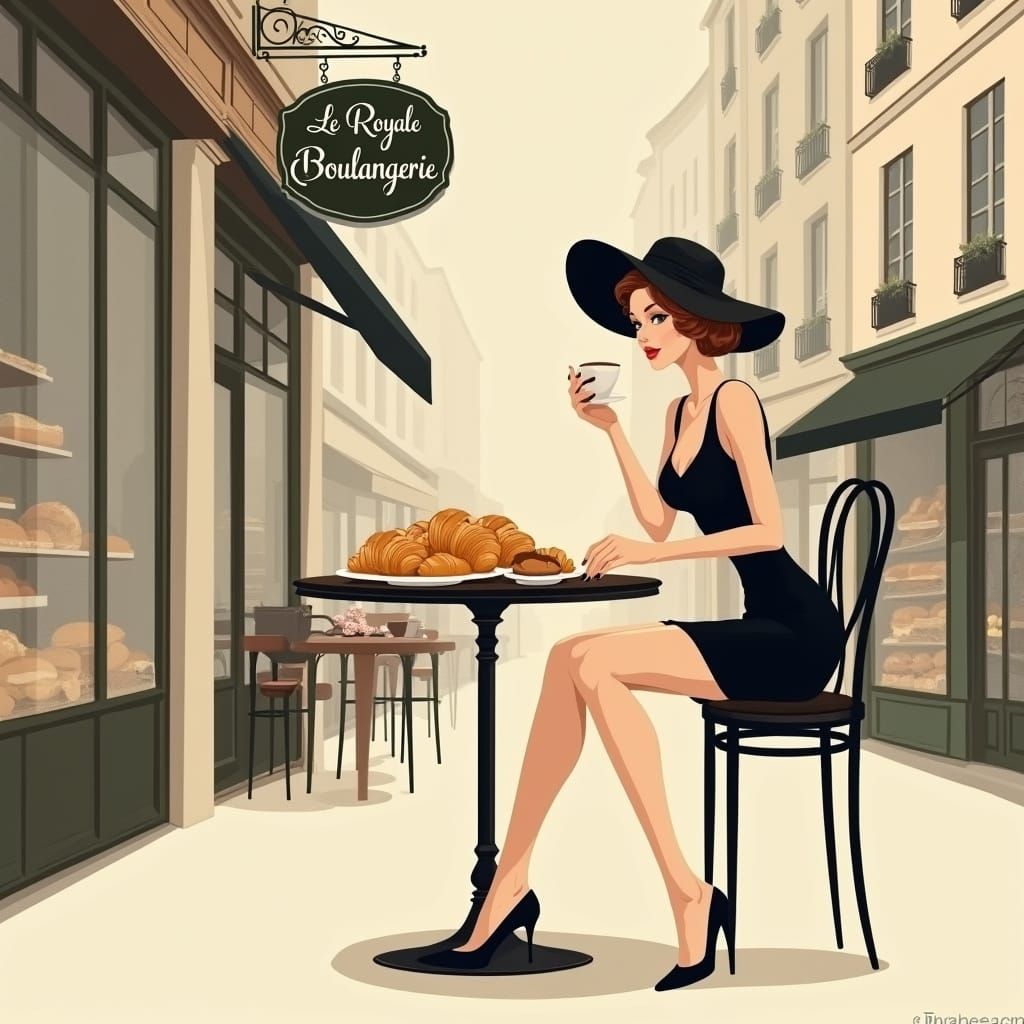 Elegant Woman at Bakery, Art Deco Illustration
