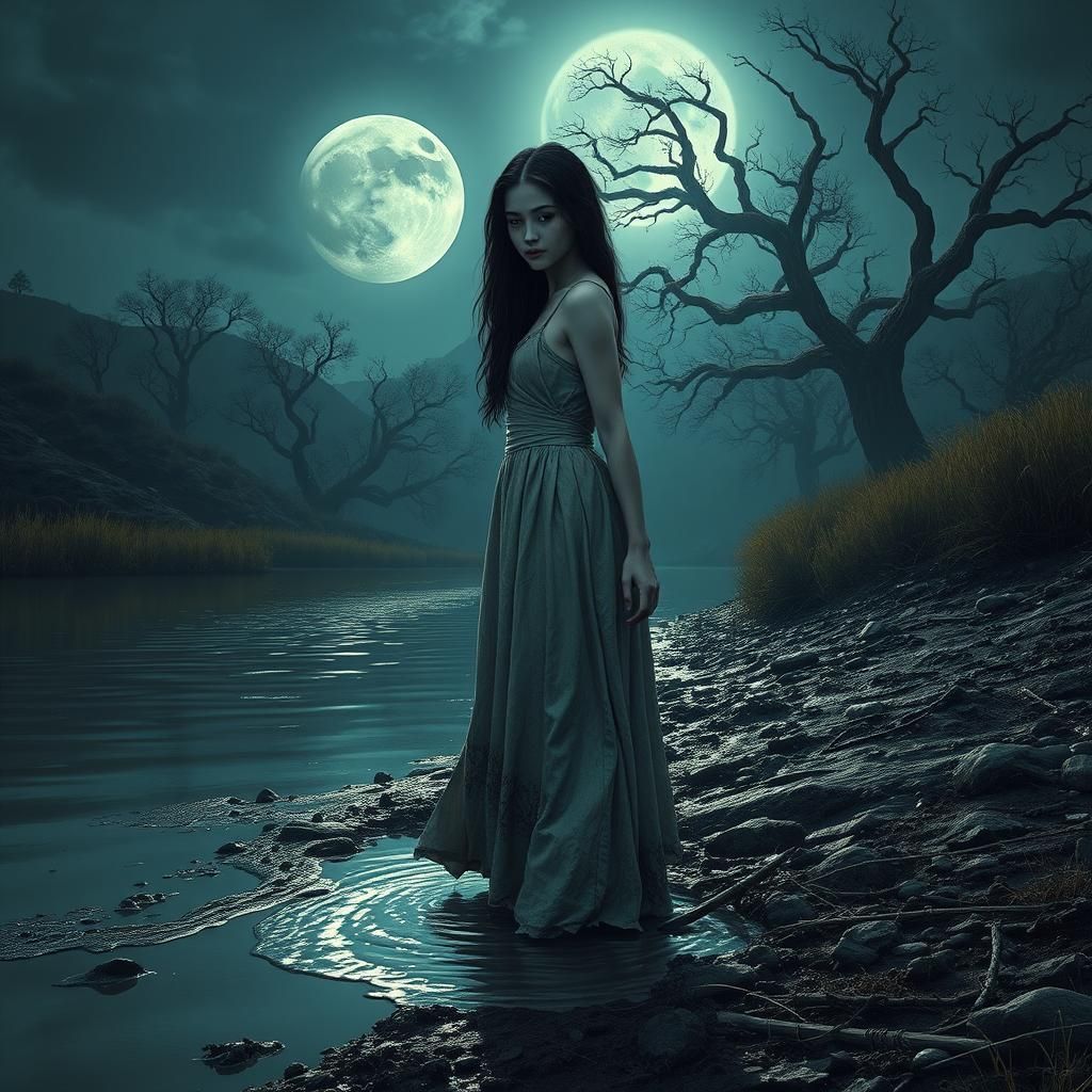 Ethereal Woman Rises from Muddy Shore Under Moonlight