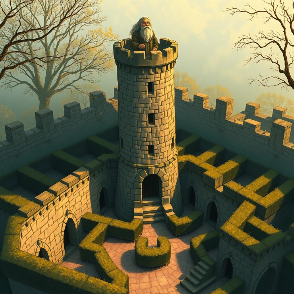 Elderly Man Surveys Whimsical Labyrinth Garden