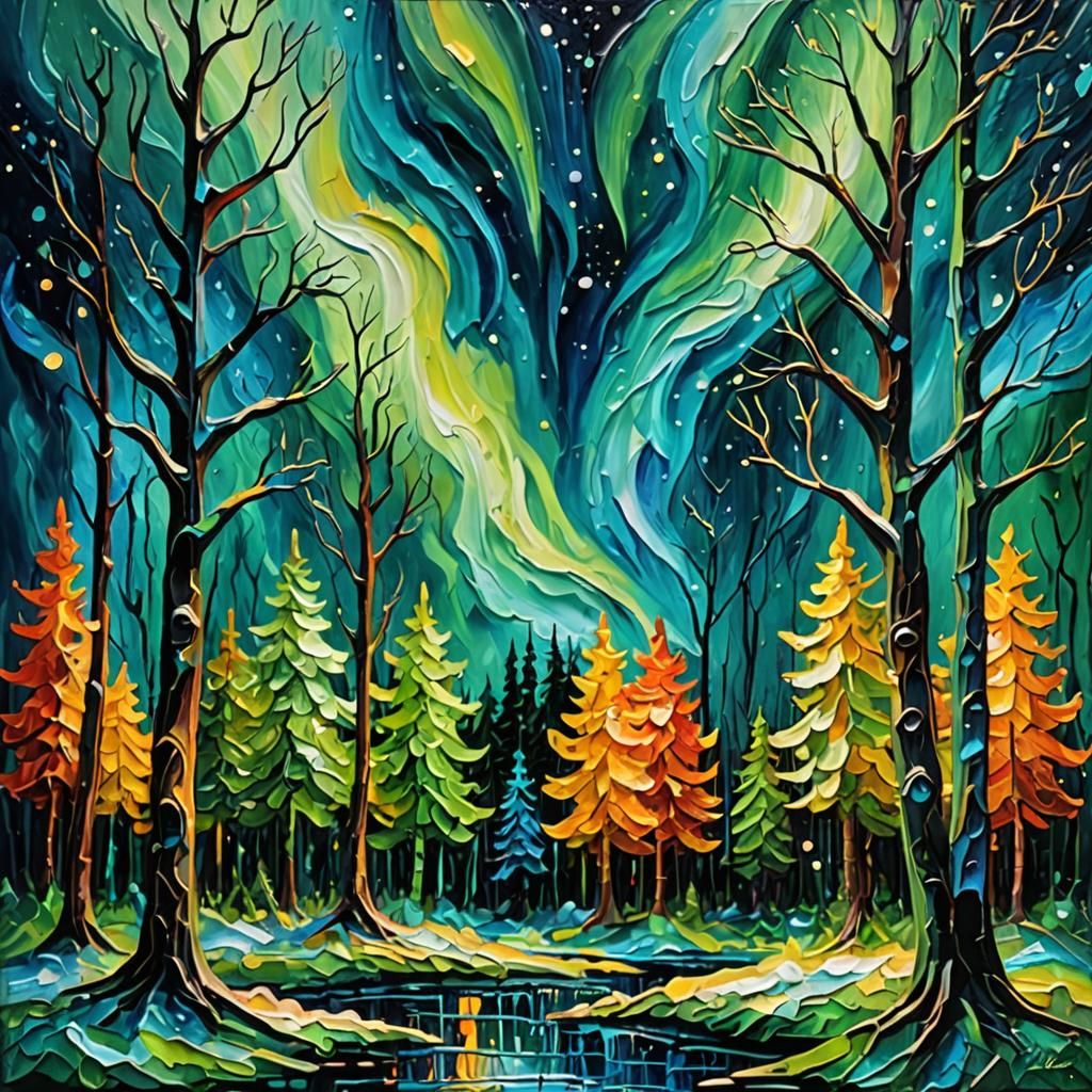 Magic Forest Northern Lights Impasto Painting